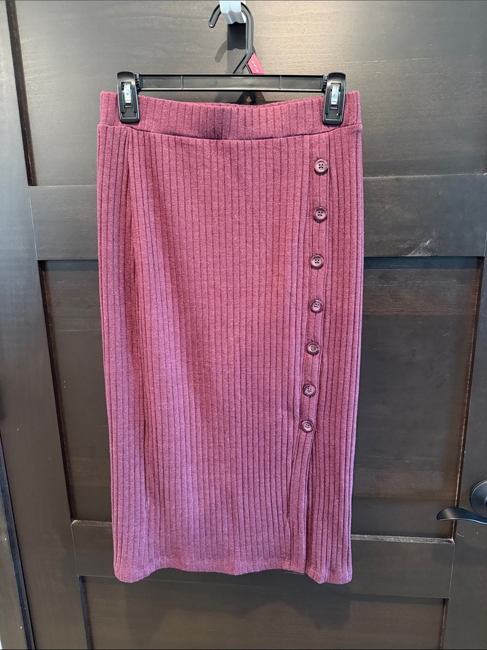 Time and Tru Ribbed Midi Skirt with Side Buttons in Berry Plum